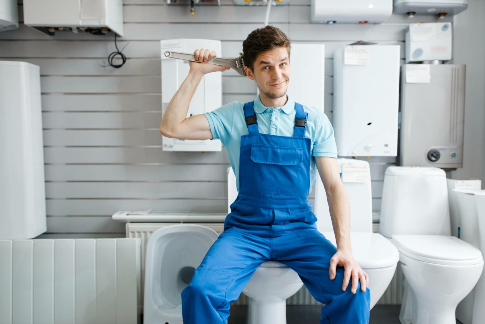 professional plumber holding wrench at his plumbing business