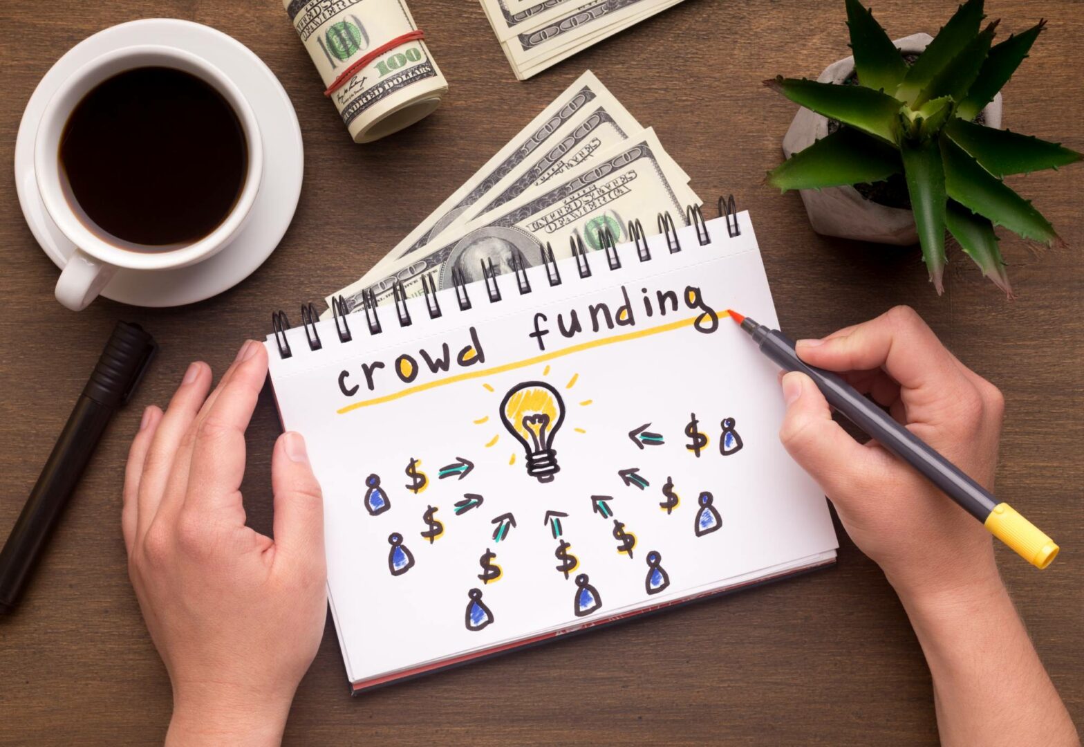person demonstrating crowdfunding with a drawing on paper